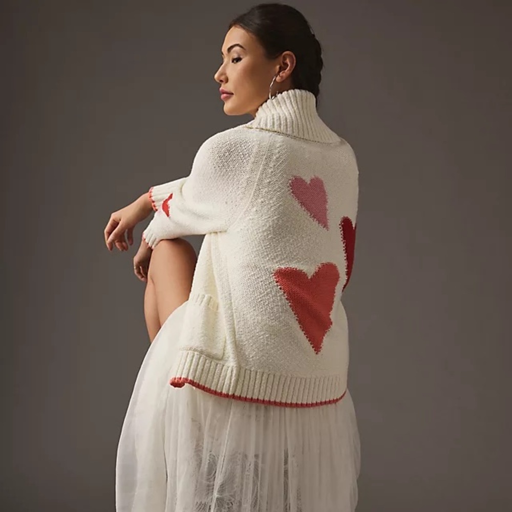 Anthropologie Maeve Heart Cardigan Sweater Button Front Shawl Cream Pink